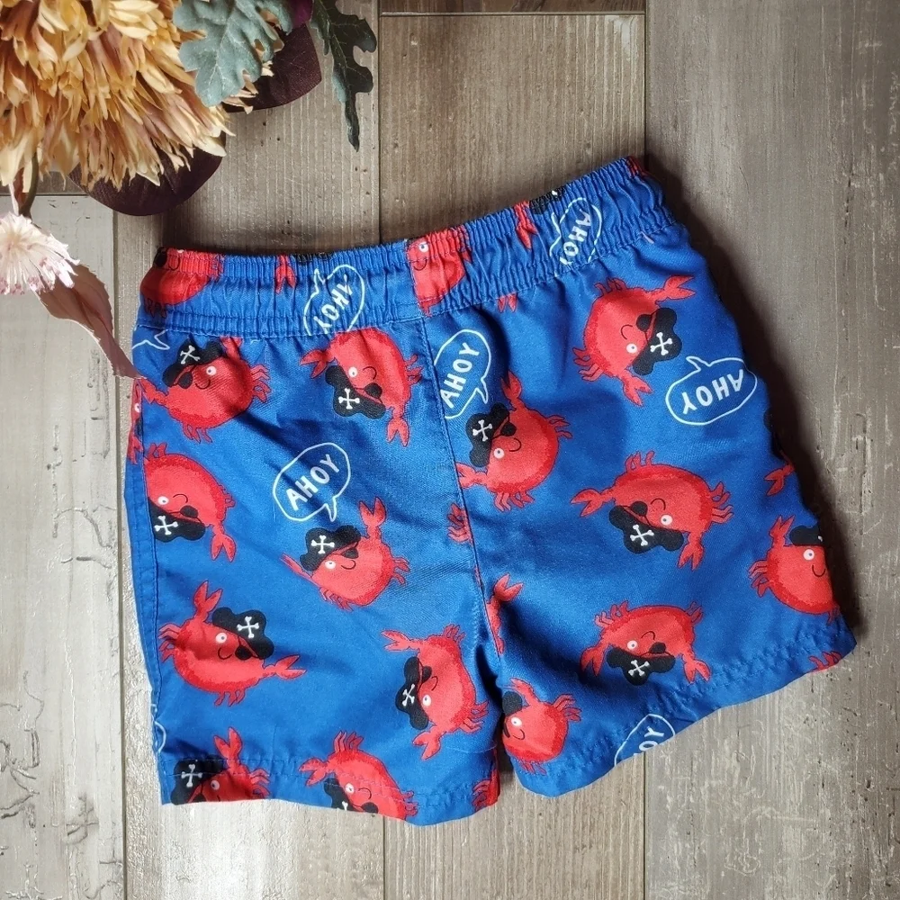 Carter's Toddler Boy Size 2T Blue Red AHOY MATEY Pirate Crab Swim Trunks NWOT